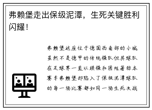 弗赖堡走出保级泥潭，生死关键胜利闪耀！