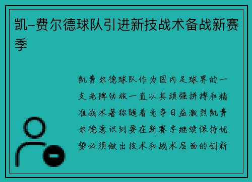 凯-费尔德球队引进新技战术备战新赛季